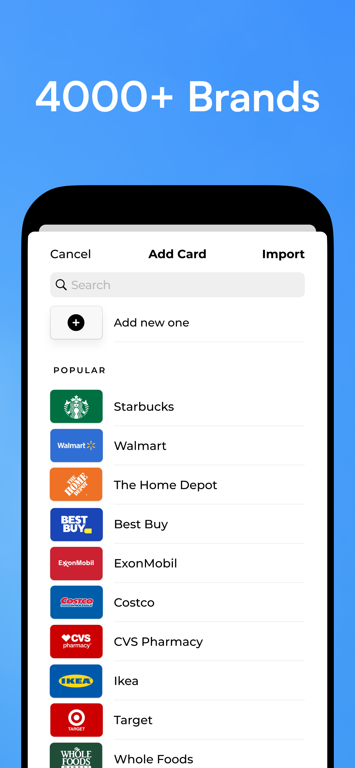 KeepCard add card screen showing 4000+ supported brands including Starbucks, Walmart and Costco