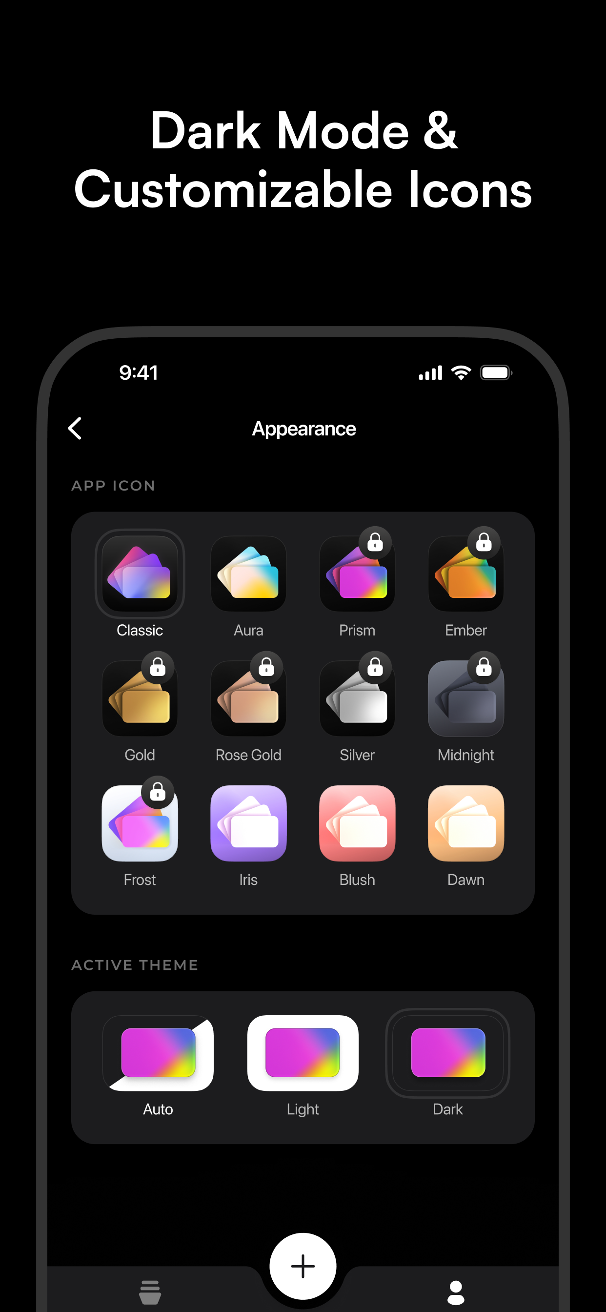 KeepCard appearance settings showing multiple customizable app icon options in dark mode