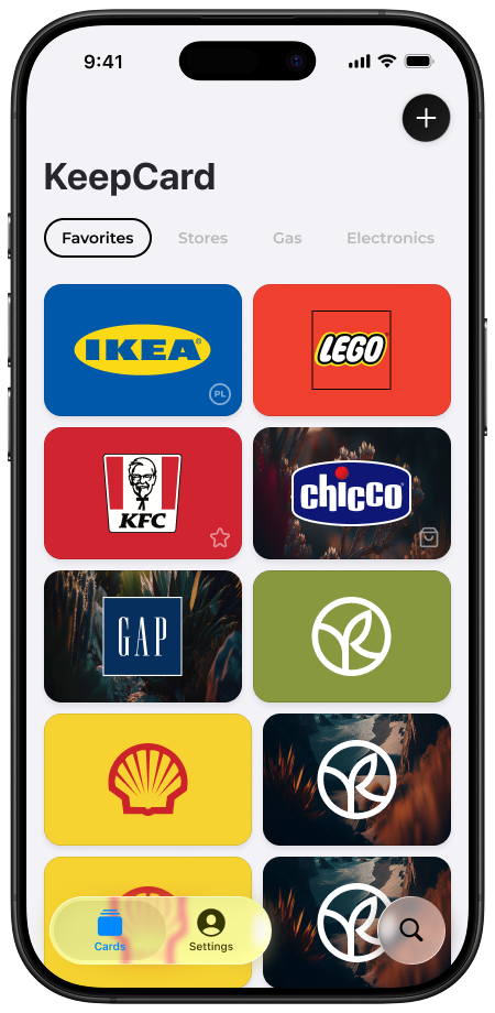 KeepCard home screen showing IKEA, LEGO, Whole Foods and more loyalty cards organized in one place