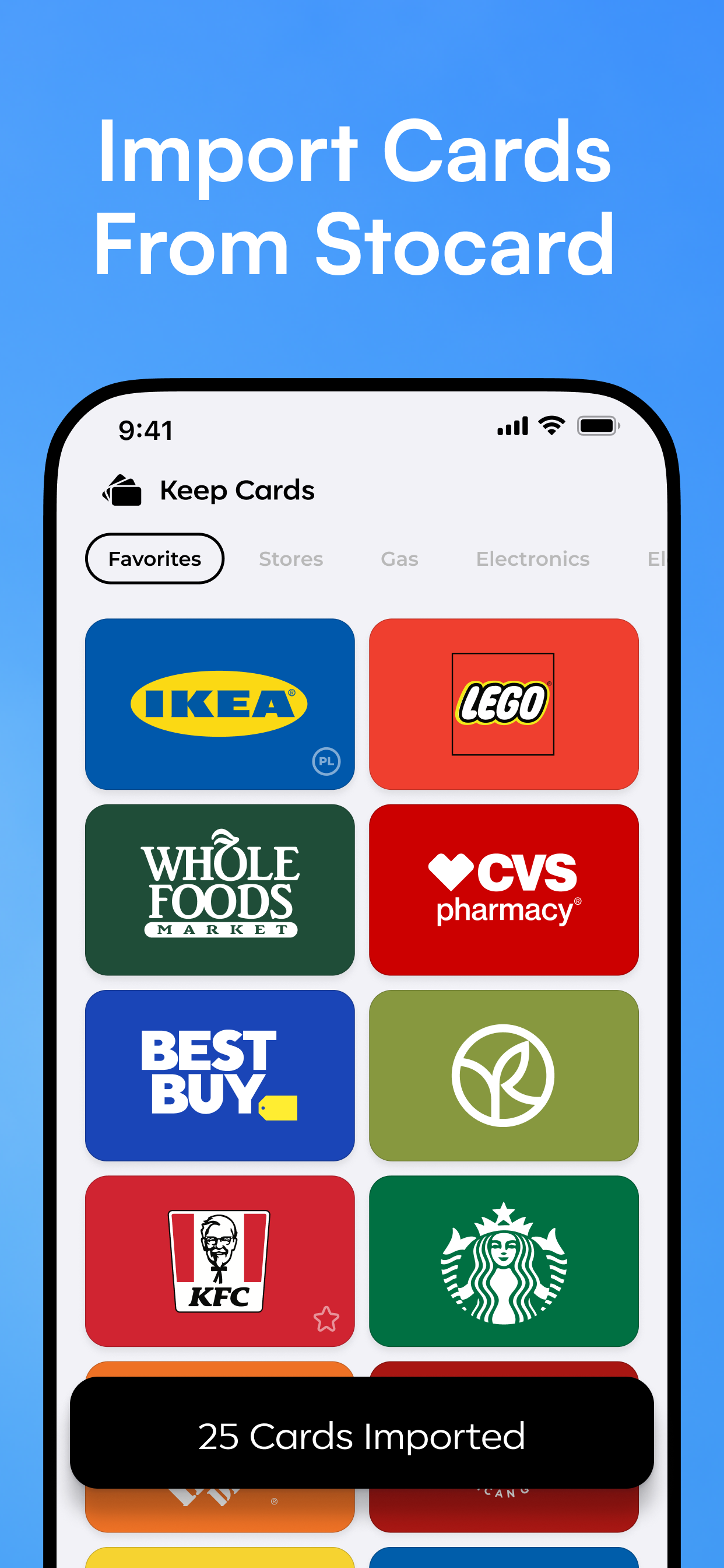 KeepCard app showing IKEA, LEGO, Whole Foods and more loyalty cards organized in one place