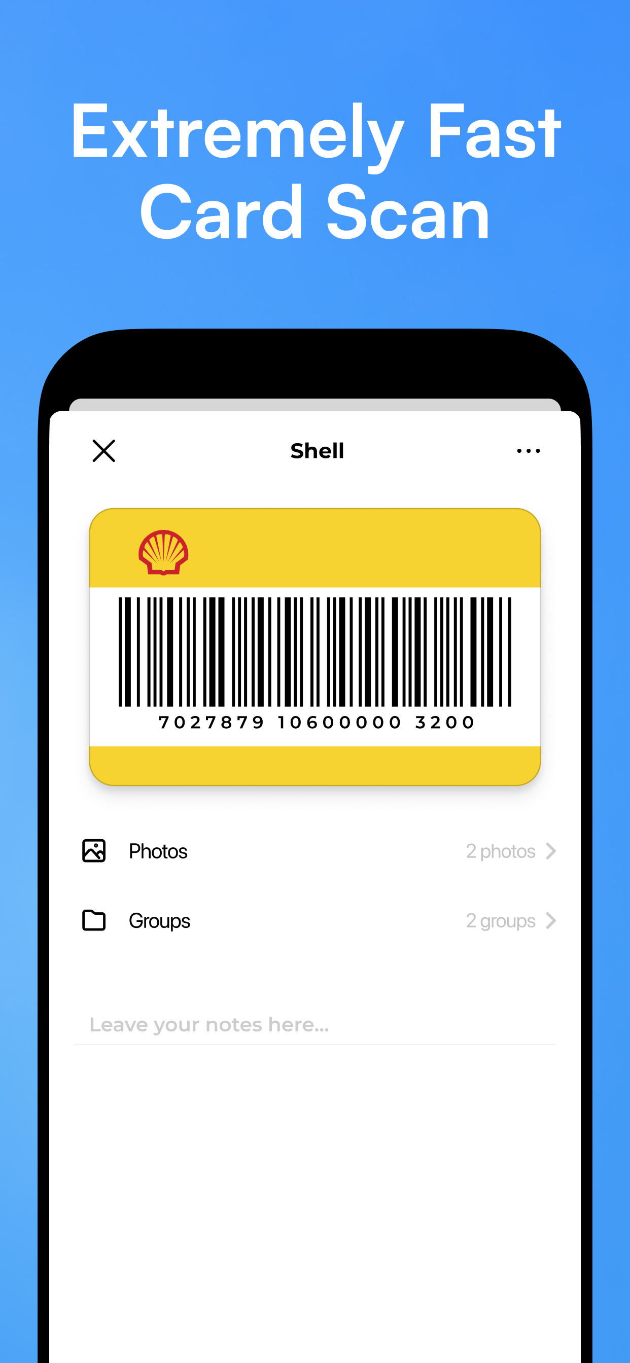 KeepCard fast checkout showing Shell loyalty card with large barcode ready for scanning